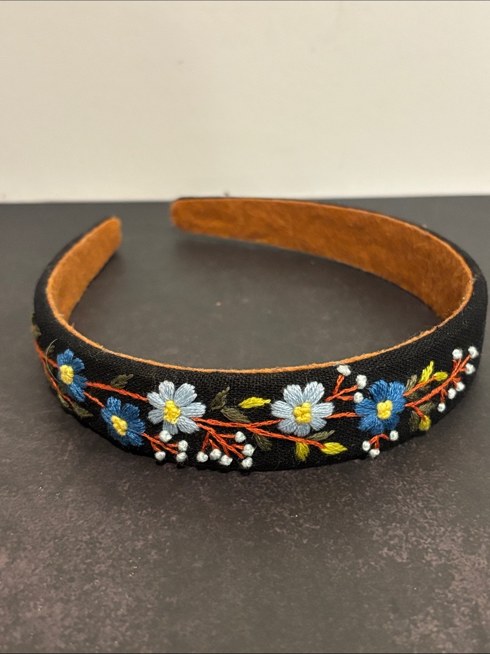 Embroidered Floral Black Headband with Blue and White Flowers